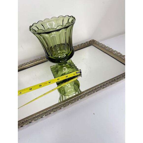 Vintage Indiana Glass, Avocado Green, Small Footed Vase, Scalloped Rim - Picture 5 of 10